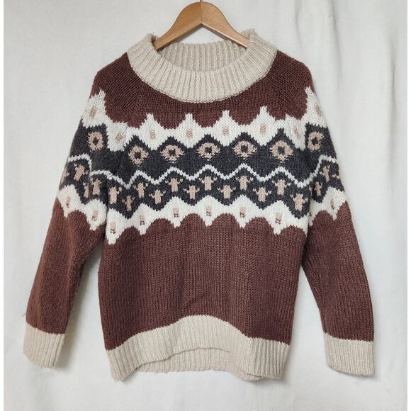 Sm Aerie Women's Fair Isle Crewneck Wool Blend Knit Sweater Brown Beige Pullover - Picture 1 of 5